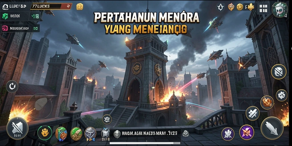 Tangkapan layar menampilkan aksi mendebarkan di Tower Defense 77LUCKS.