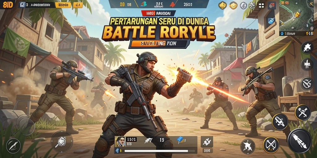 Tangkapan layar utama 8ID menampilkan aksi pertempuran seru dalam mode Battle Royale.