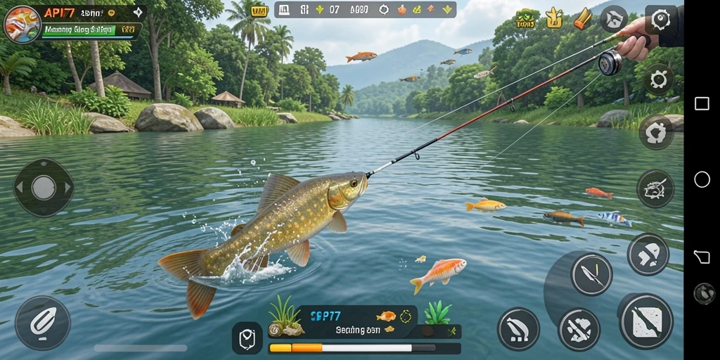 Tampilan visual menarik dari gameplay API77 dengan aksi memancing.