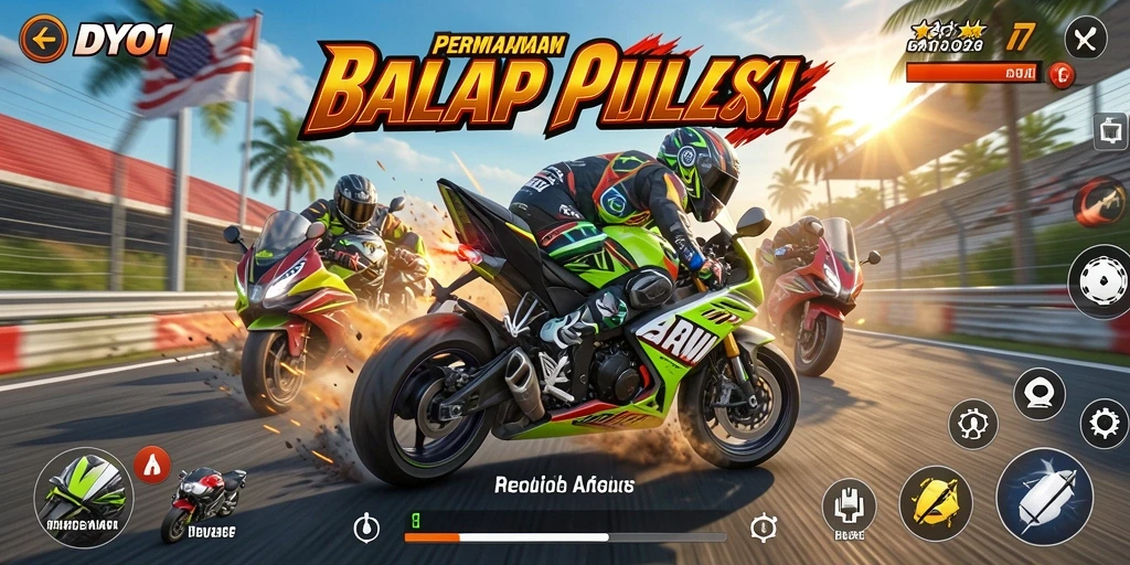 Screenshot gameplay DYO1 menunjukkan balapan motor yang intens di trek yang menantang.