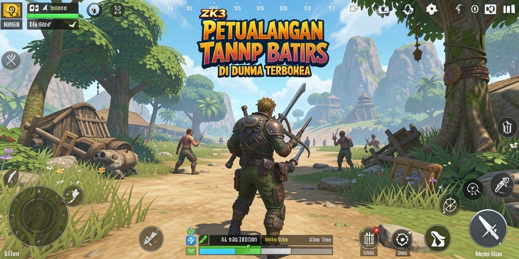 Screenshot utama menampilkan eksplorasi penuh aksi di dunia terbuka.